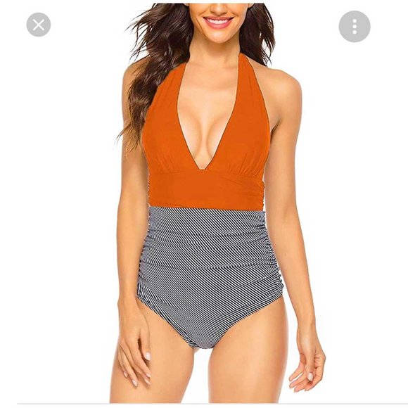 Cupshe Other - Cupshe Orange Navy Pinstriped Color Block  Bathing Suit NWT